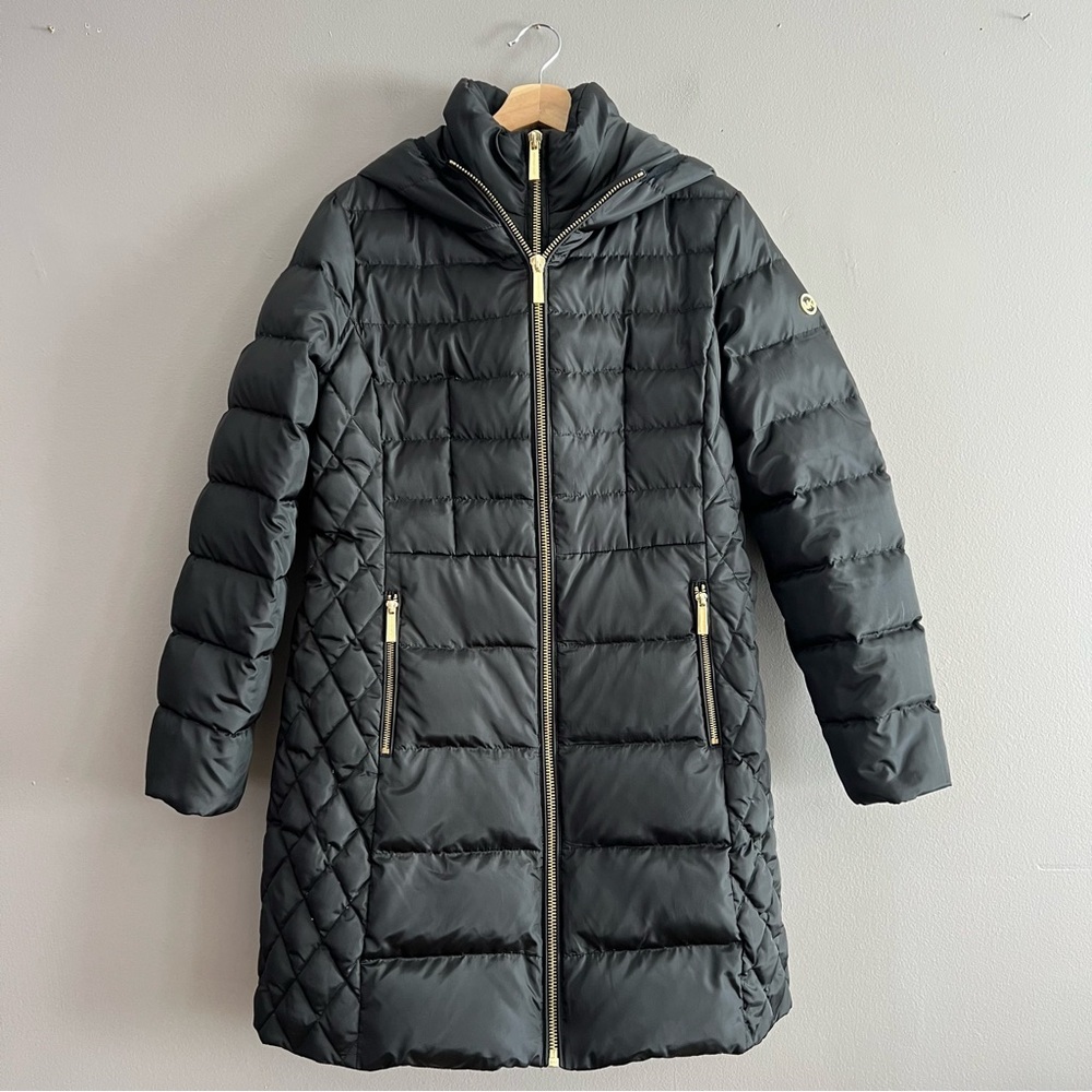 Michael Kors Women’s Puffer Quilted Coat Down Jacket Hooded Gold Zip Black Sz M - Picture 3 of 16